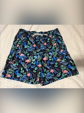 Sonoma Navy Swim Trunks with Pink Flamingo & Blue-Green Leaf Print